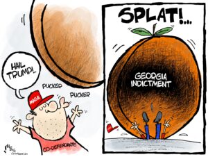 2-panel cartoon — In panel#1 a MAGA co-defendant says "Hail Trump!" and is puckering his lips, appearing to be preparing to kiss a big orange ass. In panel#2 what looked like an orange ass is actually a big Georgia peach labeled "Georgia Indictment", and this panel is headlined in huge letters "SPLAT!".