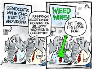 A two panel cartoon. The left panel shows two Ohio elephants, watching the TV, which has a big headline reading "Democrats win in Ohio, Kentucky, and Virginia". One elephant says "running on abortion isn't working for us… I don't know how to cope with it" the right panel has the next headline "weed wins!" The other elephant hands the unable to cope elephant a big green bong and says "Hit this… it's legal now".
