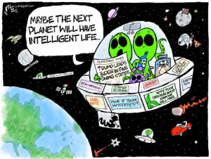 Two green aliens are in a flying saucer plastered with a variety of silly bumper stickers, headed away from Earth. One of the aliens is reading an alien newspaper headlined "Trump leads Biden in five swing states" and says "Maybe the next planet will have intelligent life…"