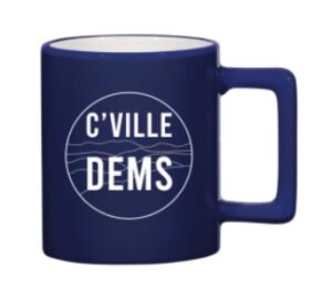 Photo of Cville Dems coffee mug for sale - has our logo of the Blue Ridge Mountains on the front with the words "Cville Dems" in white capital letters