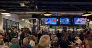 A standing-room only crowd at the Random Row Brewery chat excitedly and watch large-screen TVs above to learn about the winning Democratic election results on Election Night 2025.