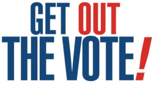 Graphic with white background reading "Get Out the Vote!" with all words in blue letters except the word "out" and exclamation point in red.