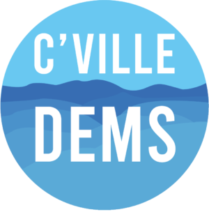 Cville Dems blue and white round logo reading C'Ville Dems
