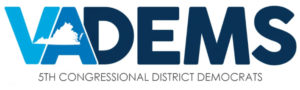 Horizontal logo of the Democratic Party of Virginia ("VA" in capital Blue letters, "DEMS" in capital black letters) with the words "5th Conbressional District Democrats" in a smaller font below.