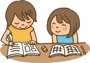 2 girls writing - cartoon