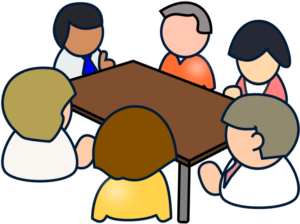 Six cartoonish (faceless) people sitting around a meeting table