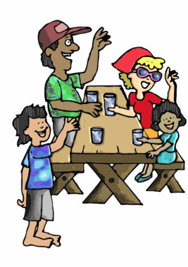 Cartoon showing a family sitting at a picnic table