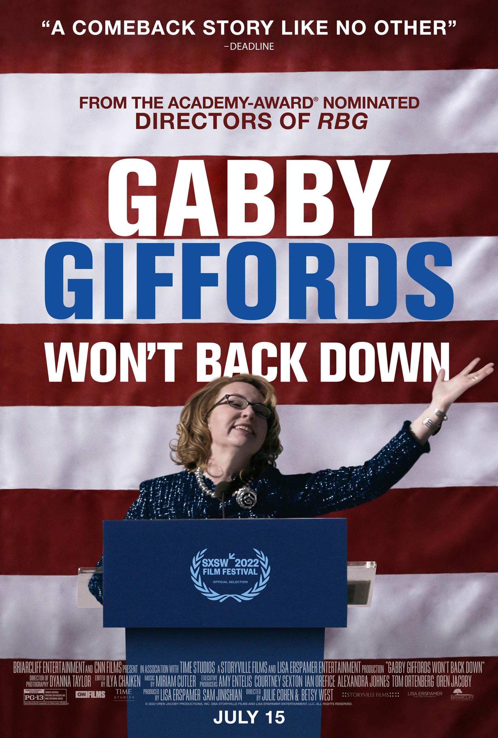 graphic showing Gabby Giffords standing behind a podium gesturing, with the red and white stripes of the American flag behind her. The words "Gabby Giffords Won't Back Down" are give in three lines, all capital letters.