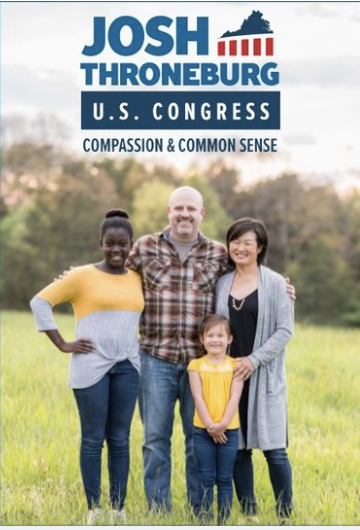Josh Throneburg campaign poster showing Josh, his wife, and two children standing in a meadow