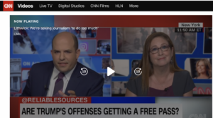 Image of Dahlia Lithwick (right pane of two) as a guest on Brian Stelter's CNN show. The topic being discussed is "Are Trump's Offenses Getting a Free Pass?"