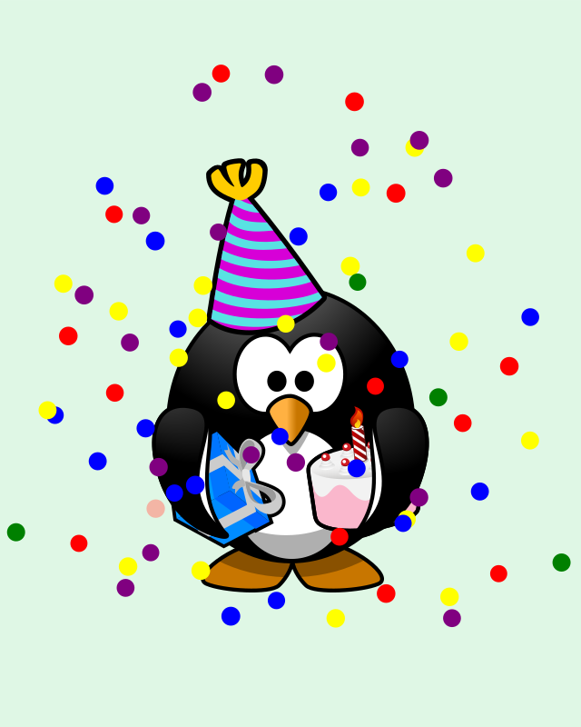 Penguin with conical party hat holding a present in right hand and birthday cake with candle in left hand and with dozens of primary colored polka scattered all around