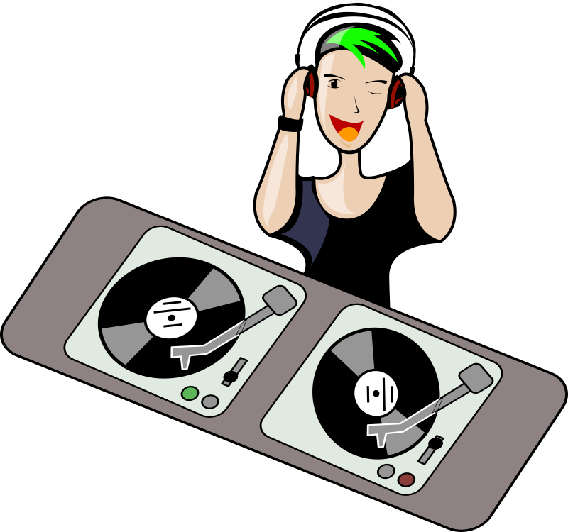 Young person with green streaked hair DJing at two paired turntables