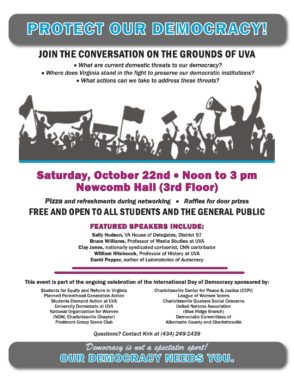 flyer for "Protect Our Democracy" forum with a clip art graphic of silhouette people at a street protest. Gives names and super short bio of speakers and lists names of 12 sponsoring groups (Charlottesville-area nonprofits and UVA Student Groups).