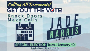 Get out the Vote graphic reading "Calling All Democrats! Get out the Vote! Knock Doors Make Calls (for) Jand Harris Special Election Tuesday January 10" The image shows a January 2023 calendar with Saturday 7th - Tuesday 10th blacked out.