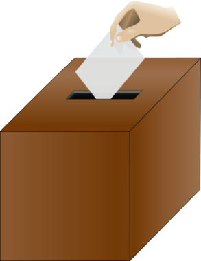 drawing of a hand placing a ballot into a brown wood dropbox through the slit at top