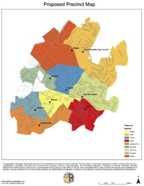 Brightly colored Map showing 2023 proposed redrawn Charlottesville precincts