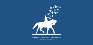 logo of Swords into Plowshares project, a white horse and rider and flying birds set against a blue background