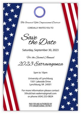 Tentative date, time, and location information for 2023 Fifth District Extravaganza. Black ink on a white background, border is a border suggestive of the US flag (red white and blue stars and stripes)