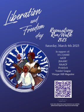 Graphic with a purple background for 2023 Liberation and freedom Day Reparations Run-Walk showing time and date and listing the organizations being supported - The graphic shows a Civil War-era black family including an adolescent and a baby