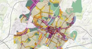 Colorful map showing various areas of new DRAFT Charlottesville zoning map