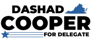 Logo of the Dashad Cooper 2023 Campaign. His name and the words "For Delegate" are written in Black, with a map of virginia in the upper right corner.