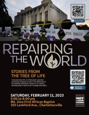 Poster for Repairing the World - Stories from the Tree of Life movie showing a photo of Pittsburgh's Tree of Life synagogue and a wall with stars giving the names of the shooting victims