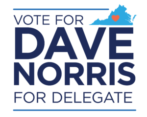 Dave Norris 2023 campaign logo - words read Vote for Dave Norris for Delegate and there is a light blue outline map of Virginia with a red heart in the center