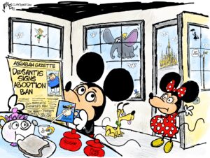 Mickey Mouse is reading a newspaper headlined "DeSantis Signs Abortion Ban" when Minnie Mouse walks in patting her belly, visibly pregnant and looking non-plussed. Mary Poppins, Dumbo, Tinker Bell, and other Disney characters are drawn in the background.
