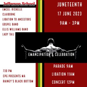 2-panel graphic: the white left side lists the concert musicians and Ma Rainey's Black Bottom, the right side in dark red gives date, times, and location of the 9am parade, 11am libation, and 12pm concert. in the middle is a rectangular black graphic showing the back of male slave, shirtless and chained arms outstretch, with the words "Emancipation and Celebration" underneath.