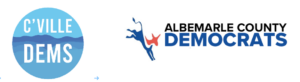 Cville Dems round blue and white logo with Albemarle Dems stylized donkey logo