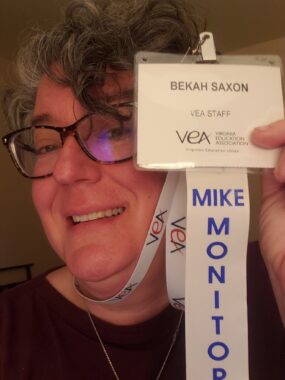 photo of Bekah Saxon holding her VEA namebadge