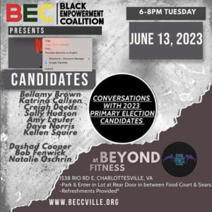 Poster for Black Empowerment Coalition (BEC) candidates forum giving date, time, address, and which candidates will appear