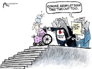 1-panel cartoon showing a Republican elephant labeled "Freedom Caucus" about to push an elderly woman in a wheel chair down a flight of steps. Before he can push her, the other Republican elephant, who is reading a document labeled "Debt Ceiling Deal", says "SonOfA... Kevin let Biden take this one out too".