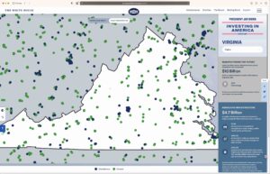Map of Virginia showing where the federal government has made public infrastructure investments (green dots are based on formulae, blue dots are discretionary)