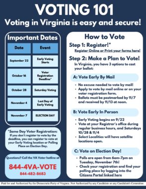 Poster titled "Voting 101: Voting in Virginia is easy and secure" listing the rules, deadlines, website links, and contact addresses to register to vote in Virginia and then vote.