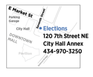 Map of the City Hall area of Downtown Charlottesville showing the address, phone#, and location of the Registrar's Office where voter registration can be done.