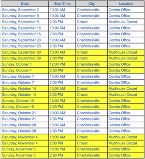 Spreadsheet screenshot showing dates + start times + cities + locations of Fall 2023 Democratic canvasses as of 8-31-2023 - Some rows are highlighted in yellow