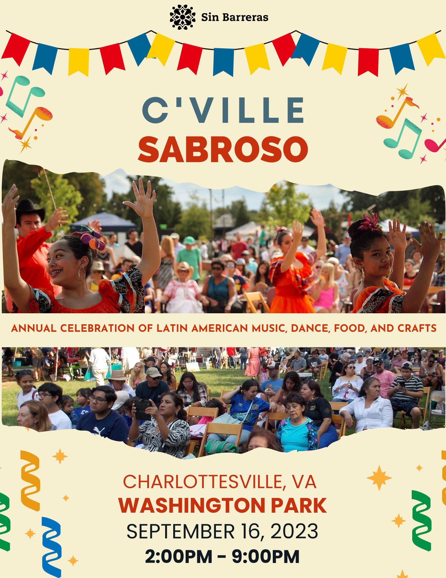Sin Barreras flyer reading "Sin Barreras C'VILLE SABROSO -- ANNUAL CELEBRATION OF LATIN AMERICAN MUSIC, DANCE, FOOD, AND CRAFTS -- CHARLOTTESVILLE, VA WASHINGTON PARK SEPTEMBER 16, 2023 2:00PM-9:00PM". There is a photo of performers and a photo of attendees from past festivals.