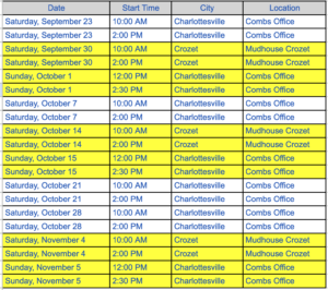 Spreadsheet screenshot showing dates + start times + cities + locations of Fall 2023 Democratic canvasses as of 9-23-2023 - Some rows are highlighted in yellow