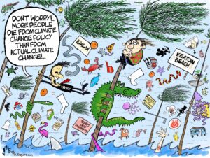 1-panel cartoon — Hurricane Idahlia's fierce winds have residents and alligators and Vivek Ramaswamy clinging to palm trees while fish and human things are flying through the air. Vivek says "Don't worry! More people die from climate change policy than from actual climate change!"
