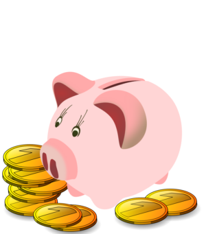 Pink-colored piggy bank surrounded by gold coins