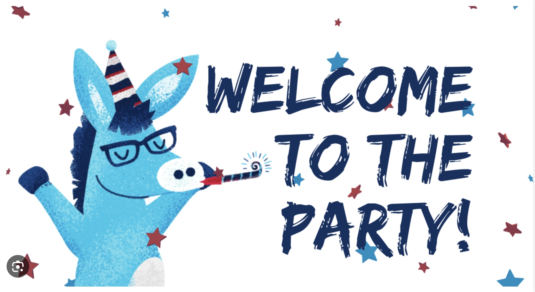 Graphic showing a blue pig with party hat and glasses and a noise maker on the left side and the words "Welcome To The Party" on the right in big letters