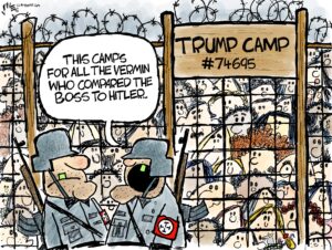 Two concentration camp guards, dressed in gray uniforms reminiscent of World War II German soldiers, are at Trump Camp #74695 guarding hundreds of people imprisoned behind a barbed wire fence. One guard says to the other "This camp's for all the vermin who compared The Boss to Hitler"