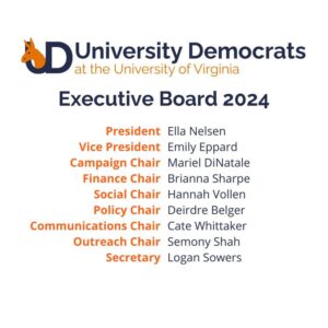 Graphic with a UD logo with donkey looking through the U labeled - University Democrats at the University of Virginia- and listing the names of officers and their respective positions