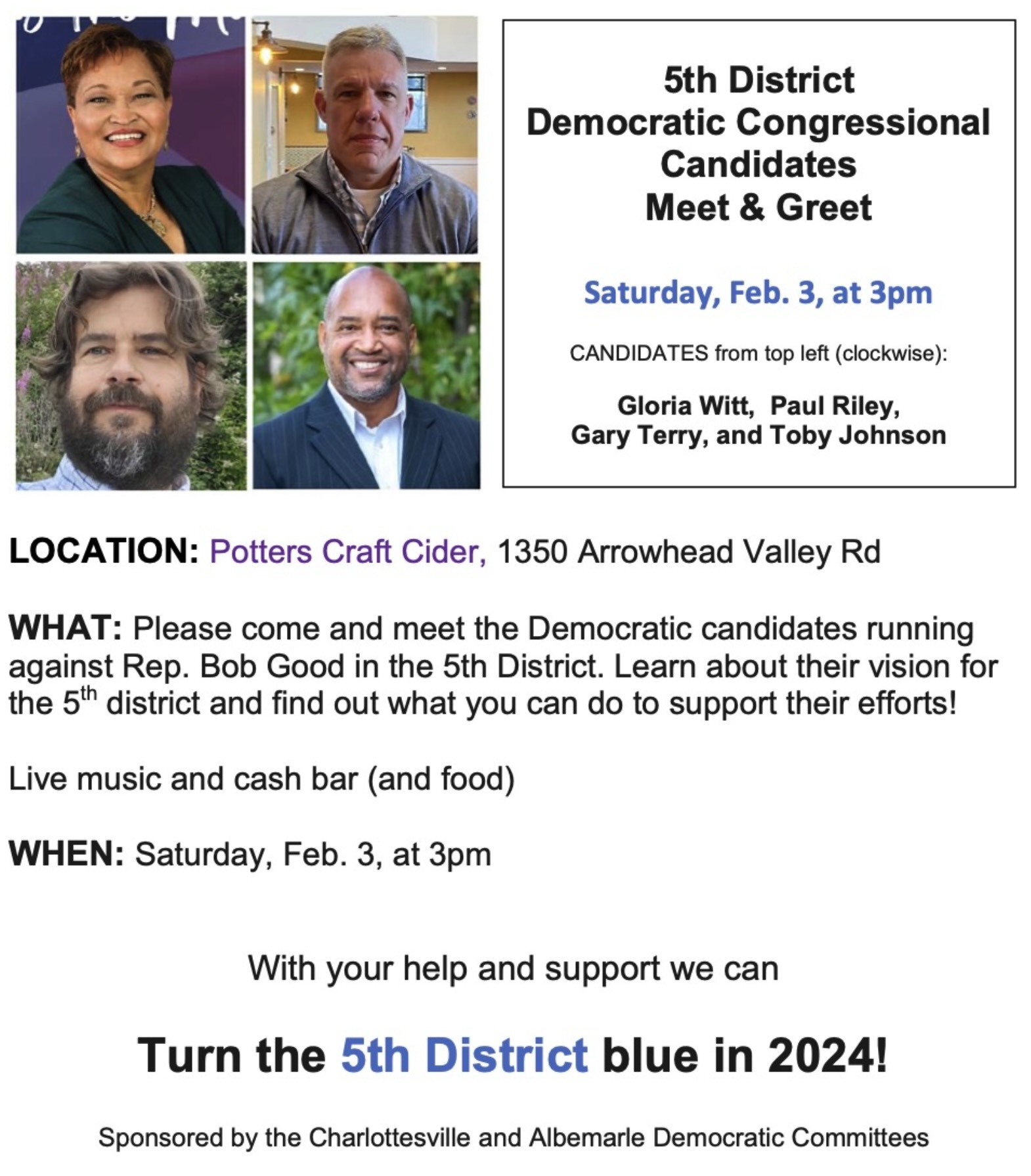 Flyer for the Feb 3, 2024 3pm 5th District "Meet and Greet" event with details about the event location and 4 small headshot photos of Gloria Witt, Paul Riley, Gary Terry, and Toby Johnson.