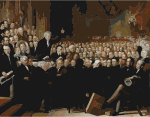 Image of the painting by Benjamin Robert Haydon of the 1840 Anti-Slavery Society Convention with one speaker standing to address all the other men.
