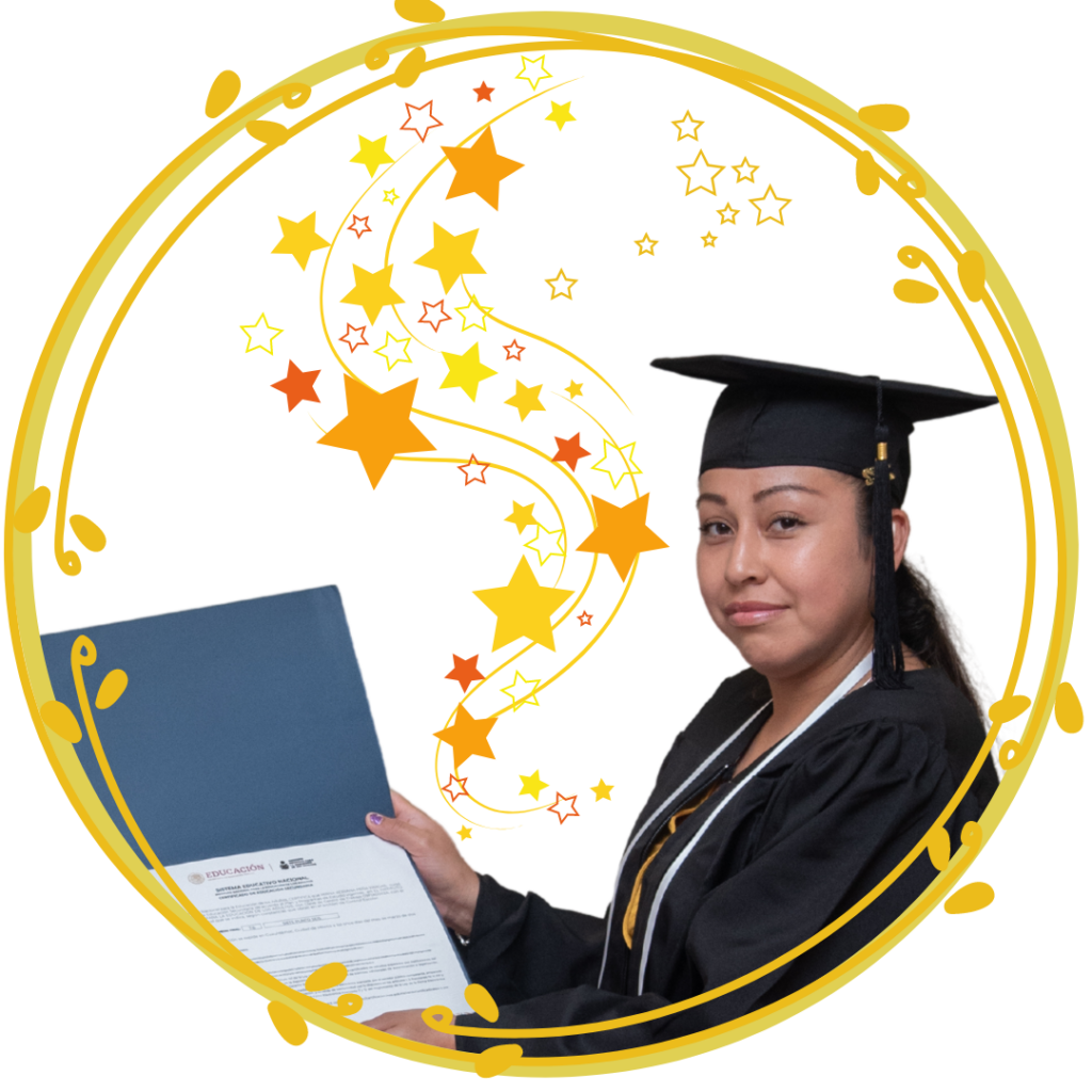 A LatinX woman wearing an academic cap and gown holds a diplomma. That photo is inside a golden circle full of orange, yellow, and red stars.