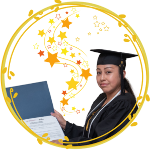 A LatinX woman wearing an academic cap and gown holds a diplomma. That photo is inside a golden circle full of orange, yellow, and red stars.