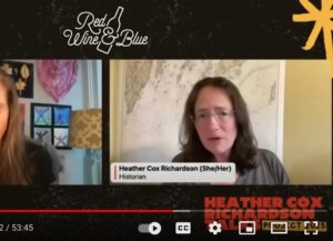 Screenshot of historian Heather Cox Richardson speaking on July 15 on the Red Wine and Blue YouTube channel.