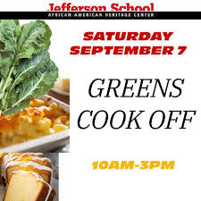 Photo of some cooked greens against a white background. Text reads "Jefferson School 2024 GREENS COOK OFF September 7 10am-3pm"